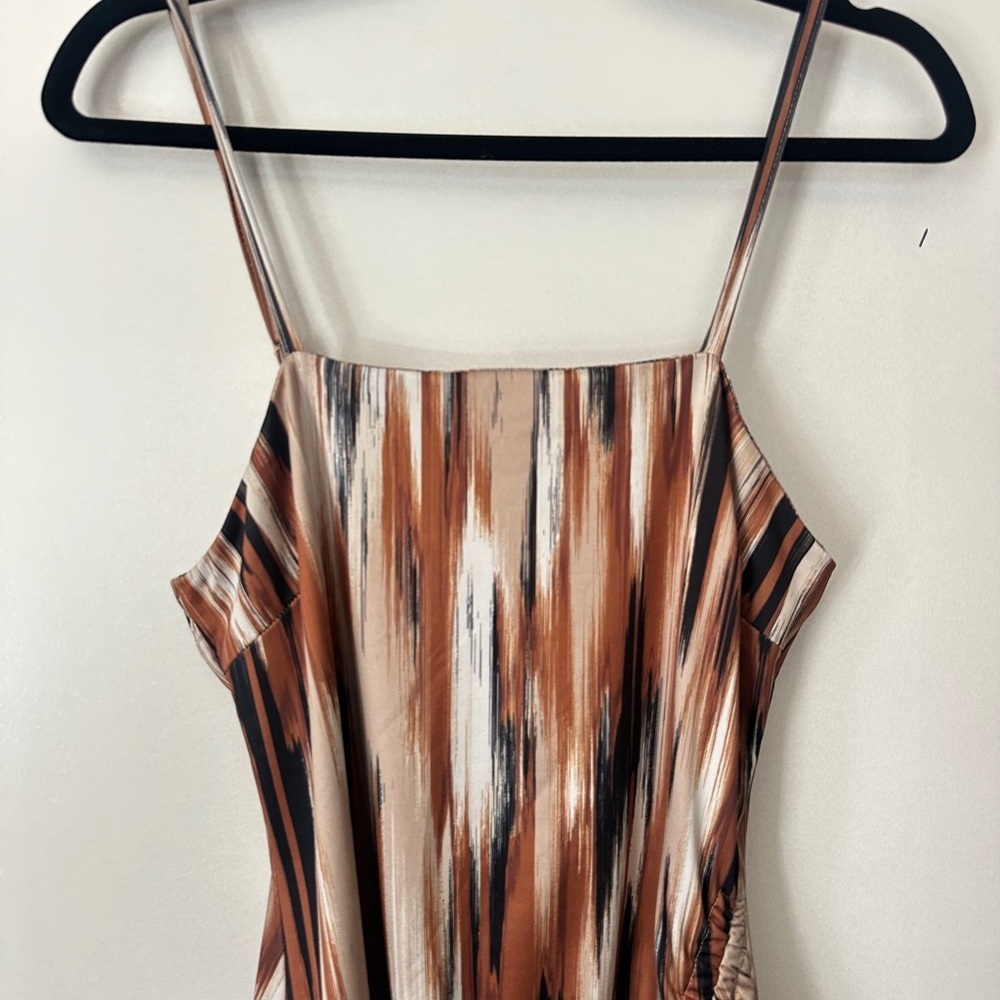 Madden NYC Side Ruched Tie-Detail Satin Slip Dress in Brown Multi - Picture 3 of 9